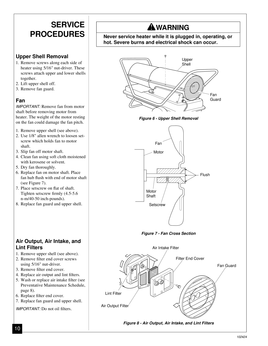 Desa BY150ECA owner manual Service Procedures, Upper Shell Removal, Fan, Air Output, Air Intake, and Lint Filters 