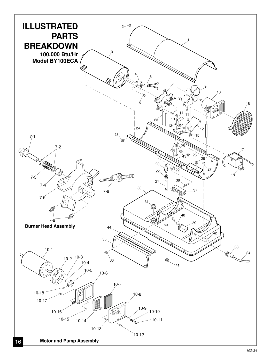 Desa BY150ECA owner manual Parts Breakdown, 100,000 Btu/Hr Model BY100ECA 