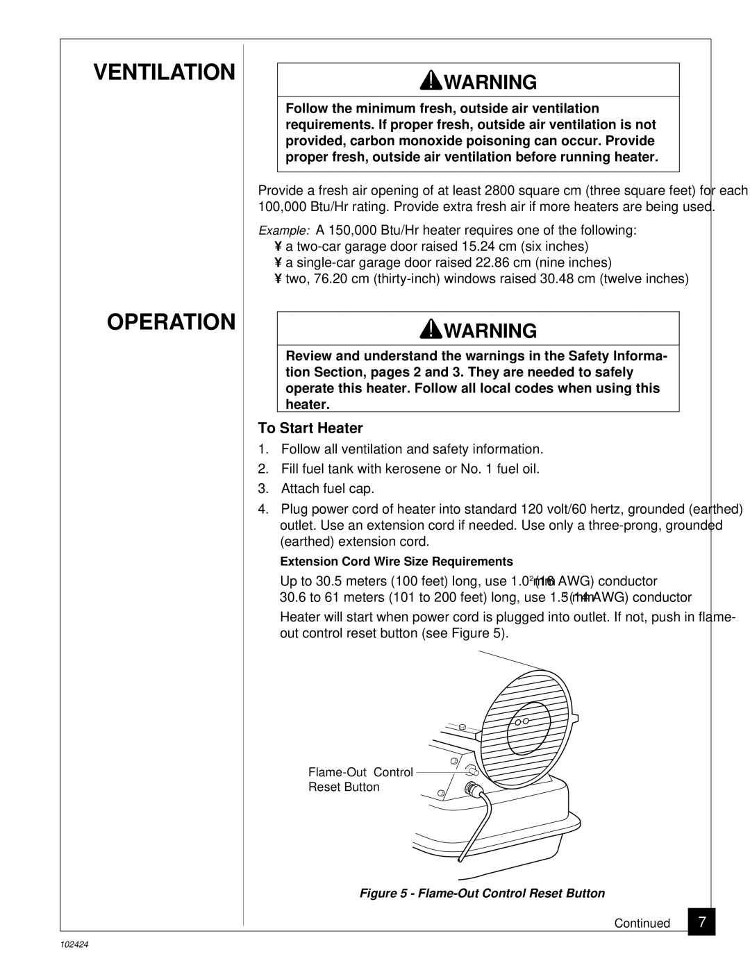 Desa BY150ECA owner manual Ventilation Operation, To Start Heater 