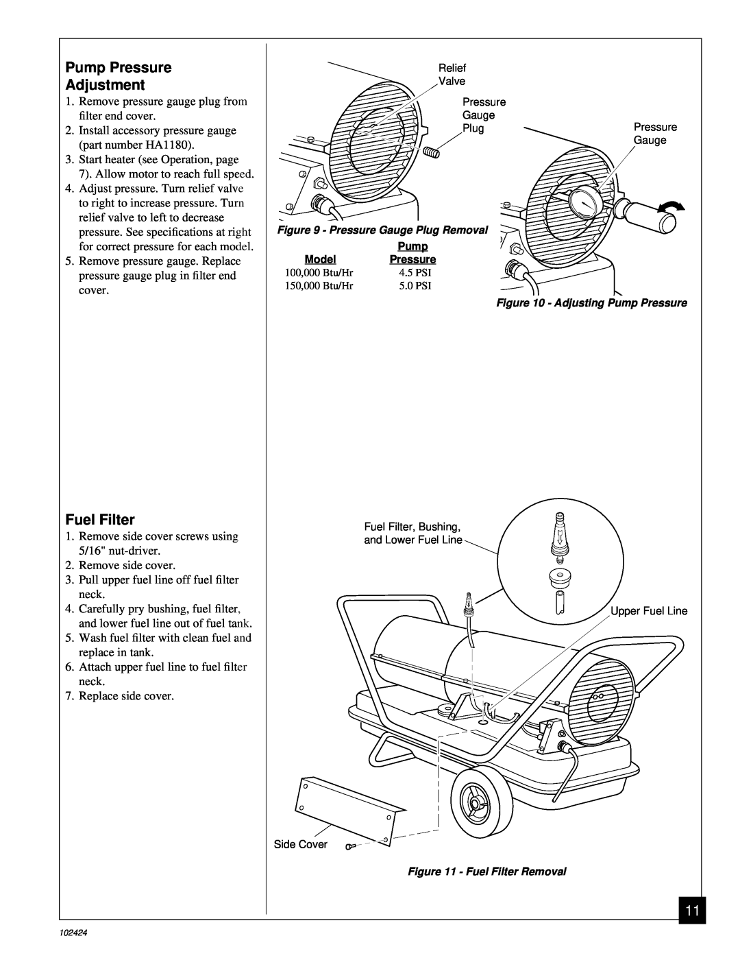 Desa BY150ECA owner manual Pump Pressure Adjustment, Fuel Filter 