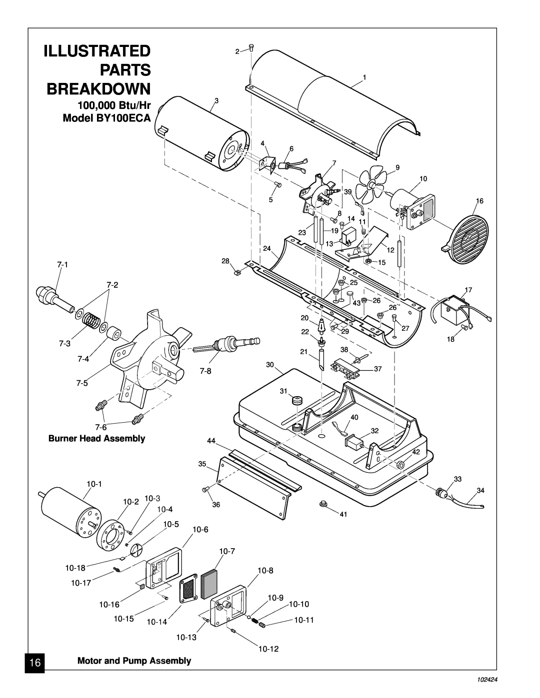 Desa BY150ECA owner manual Parts, Breakdown, Illustrated, 100,000 Btu/Hr, Model BY100ECA, Burner Head Assembly 