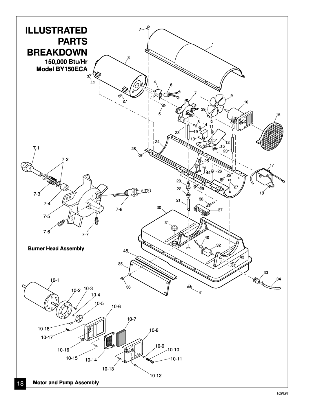Desa 150,000 Btu/Hr, Model BY150ECA, Parts, Breakdown, Illustrated, Burner Head Assembly, 18Motor and Pump Assembly 
