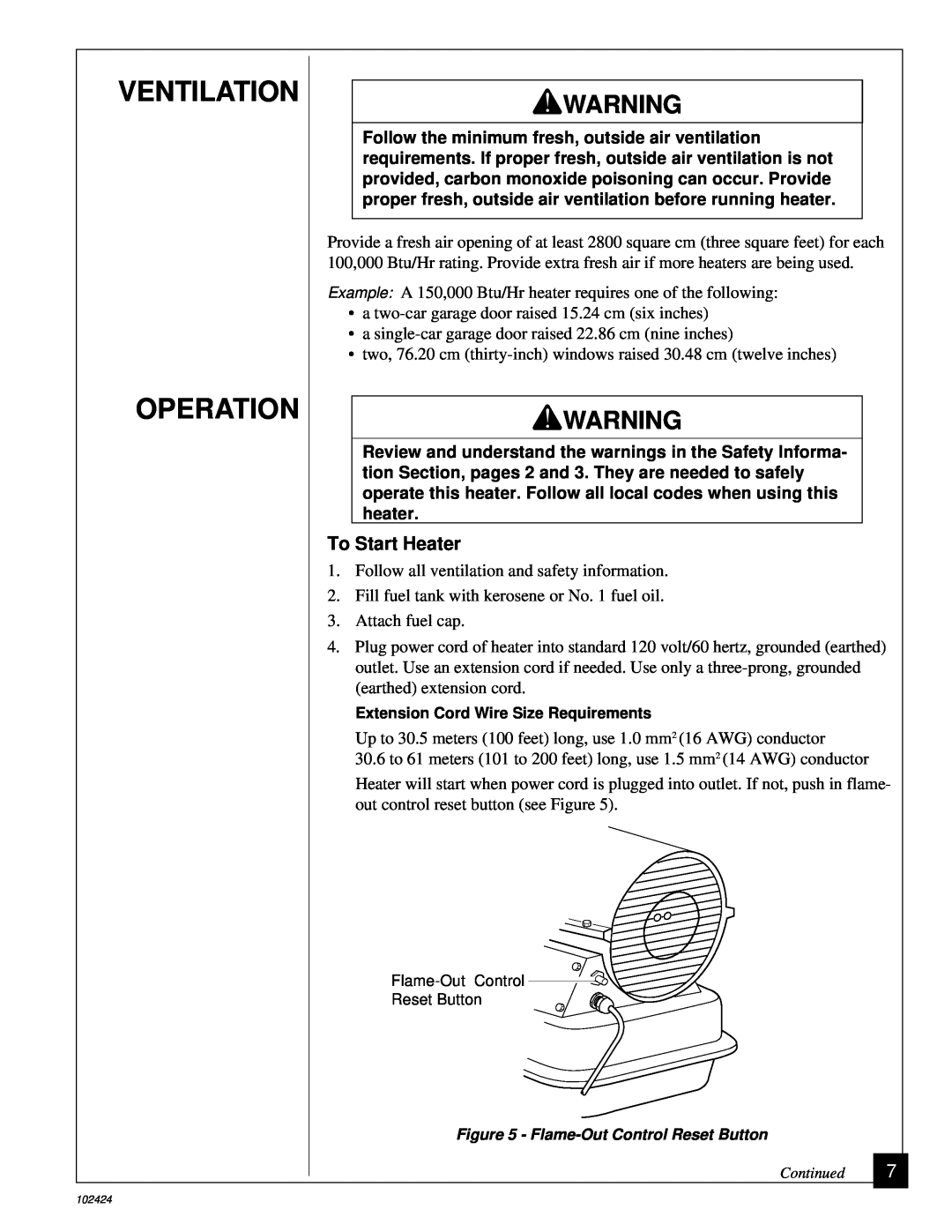 Desa BY150ECA owner manual Ventilation Operation, To Start Heater 