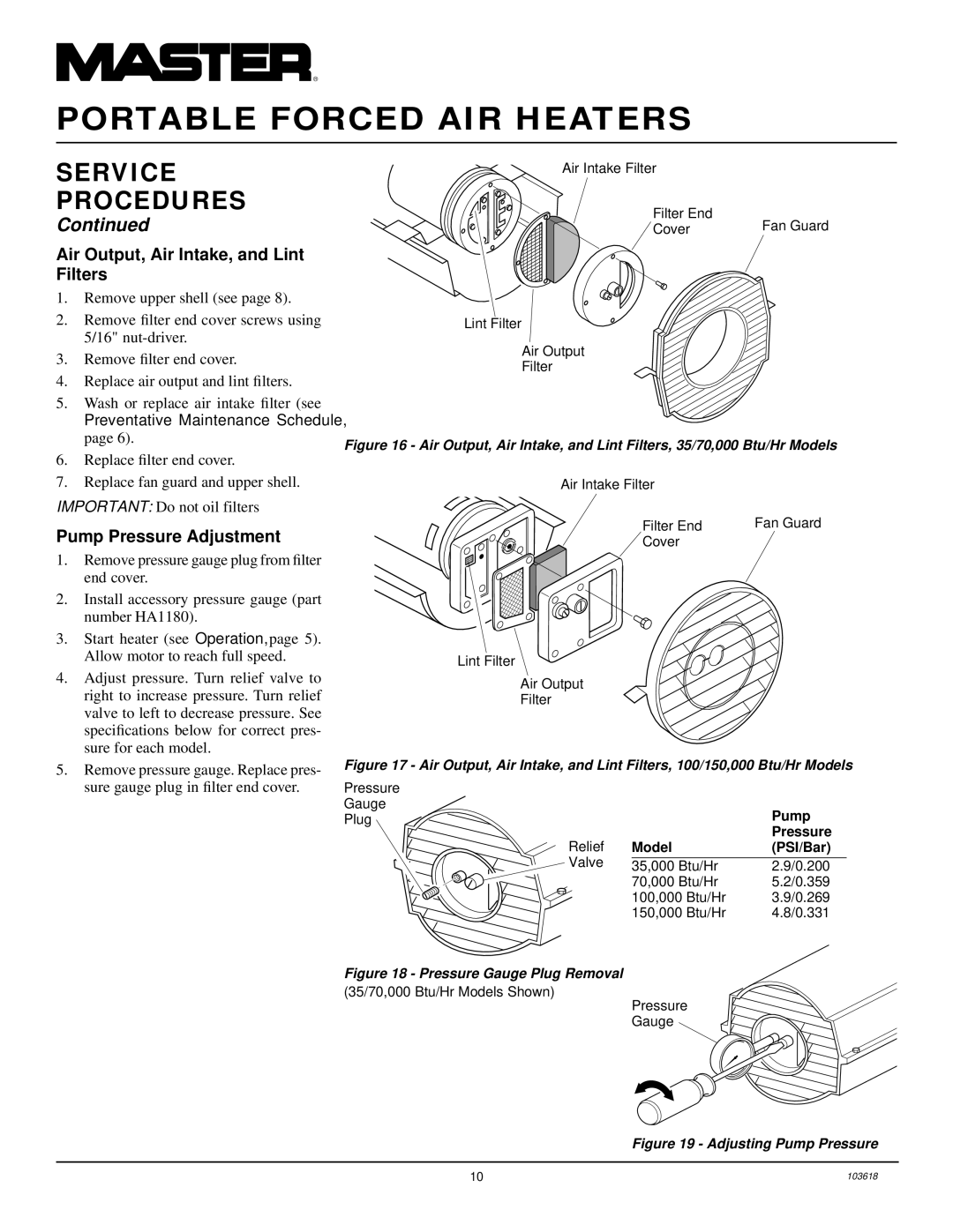 Desa BY35CEB, BY70CEB, BY150CEB, BY100CEB owner manual Air Output, Air Intake, and Lint Filters, Pump Pressure Adjustment 