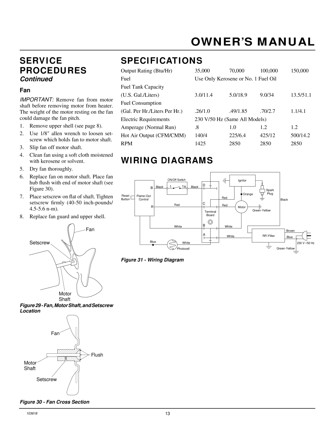 Desa BY150CEB, BY70CEB, BY35CEB, BY100CEB owner manual Specifications, Wiring Diagrams, Fan 