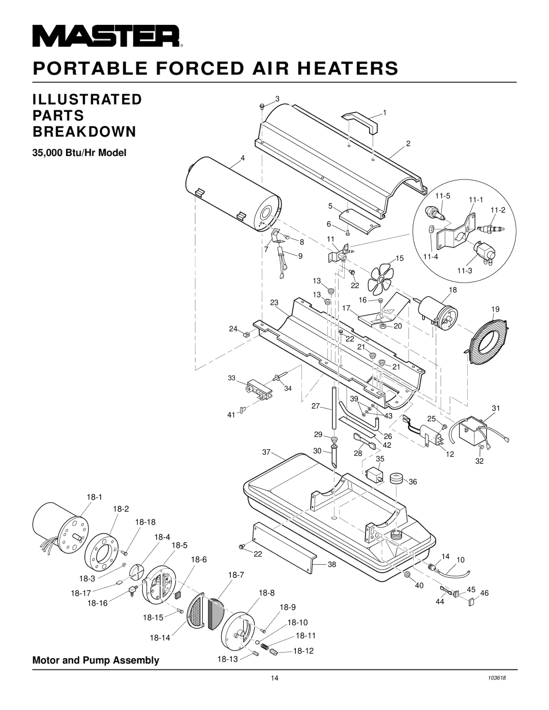 Desa BY35CEB, BY70CEB, BY150CEB, BY100CEB Illustrated Parts Breakdown, 35,000 Btu/Hr Model, Motor and Pump Assembly 