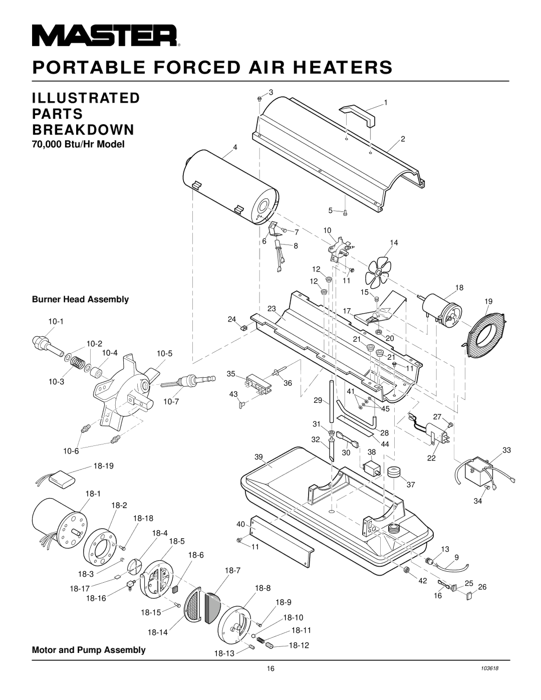 Desa BY70CEB, BY150CEB, BY35CEB, BY100CEB owner manual 70,000 Btu/Hr Model, Burner Head Assembly, Motor and Pump Assembly 