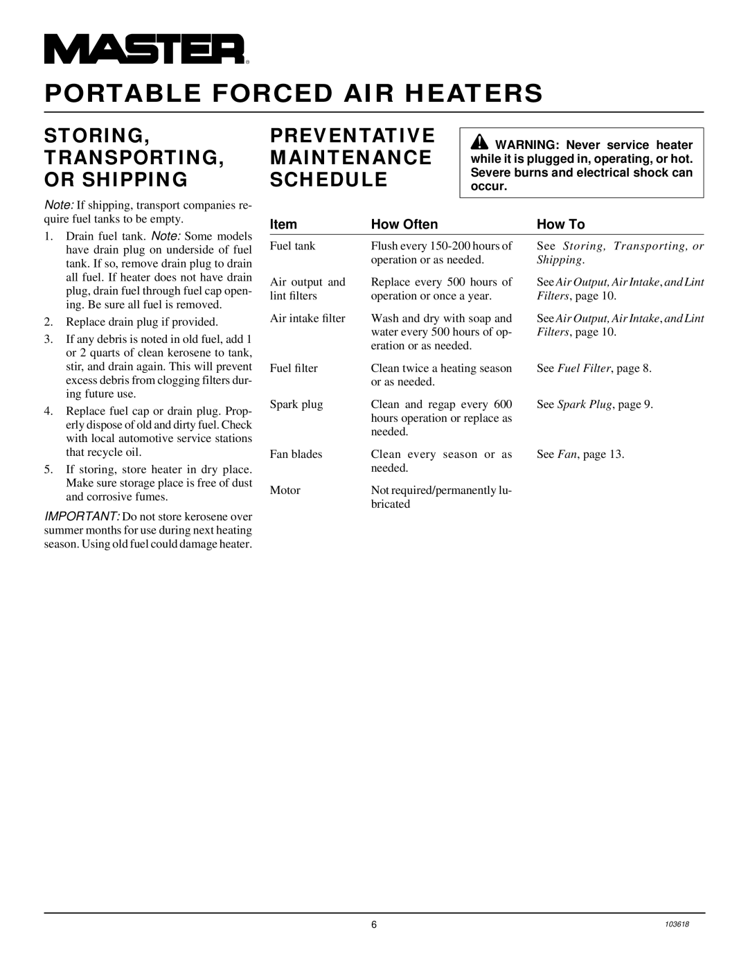 Desa BY35CEB, BY70CEB, BY150CEB Storing TRANSPORTING, or Shipping, Preventative Maintenance, Schedule, How Often How To 