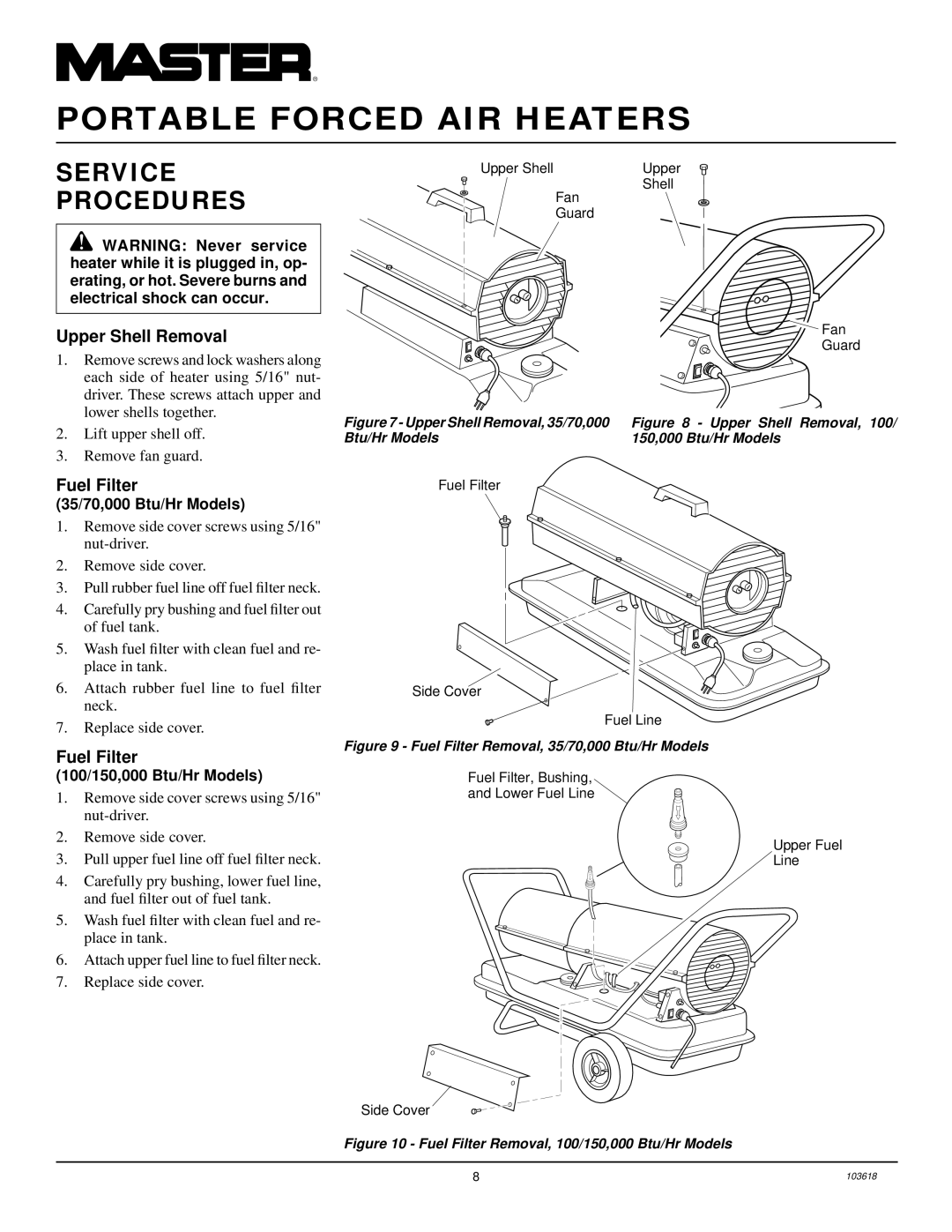 Desa BY70CEB Service Procedures, Upper Shell Removal, Fuel Filter, 35/70,000 Btu/Hr Models, 100/150,000 Btu/Hr Models 