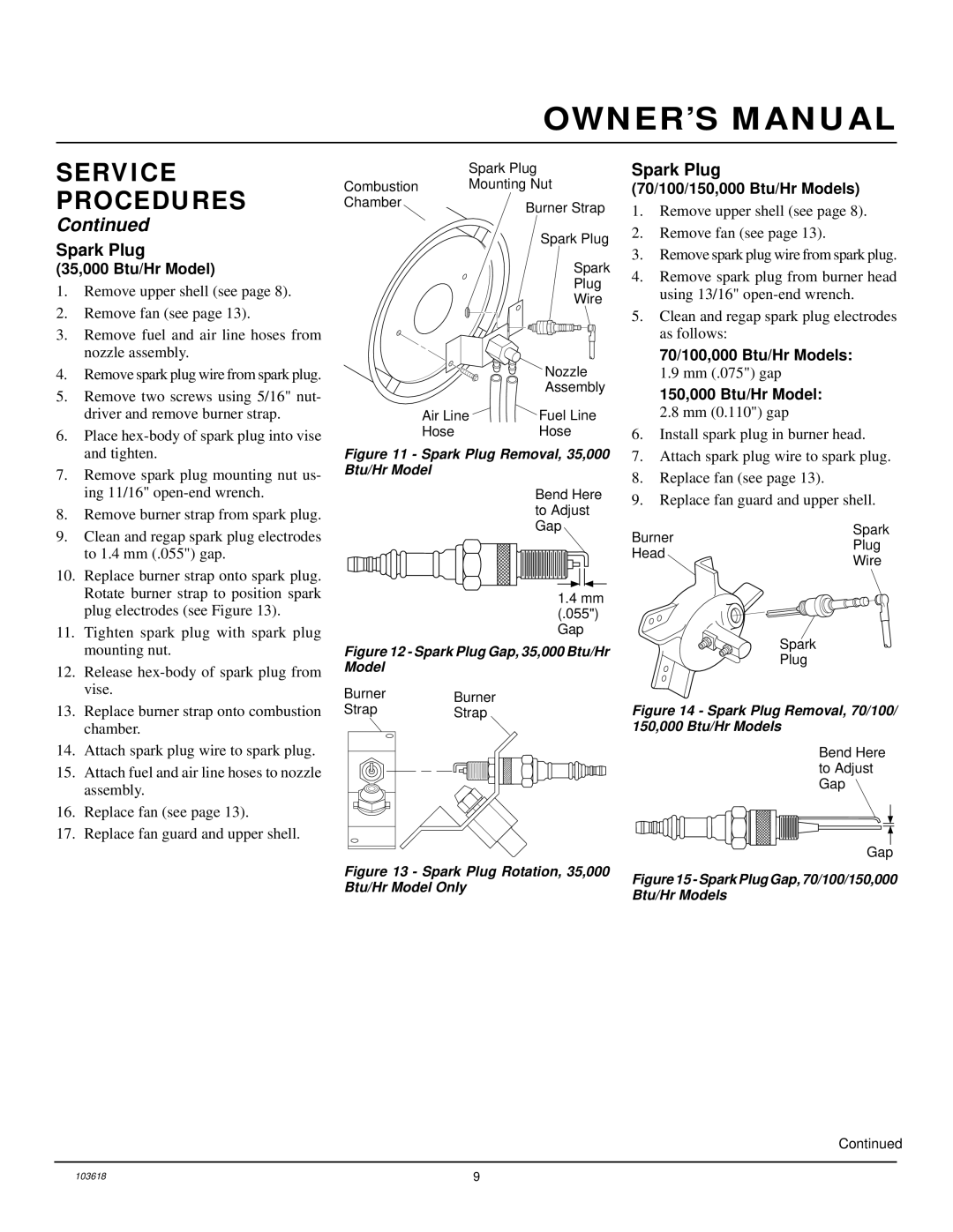 Desa BY150CEB, BY70CEB, BY35CEB Spark Plug, 35,000 Btu/Hr Model, 70/100/150,000 Btu/Hr Models, 70/100,000 Btu/Hr Models 