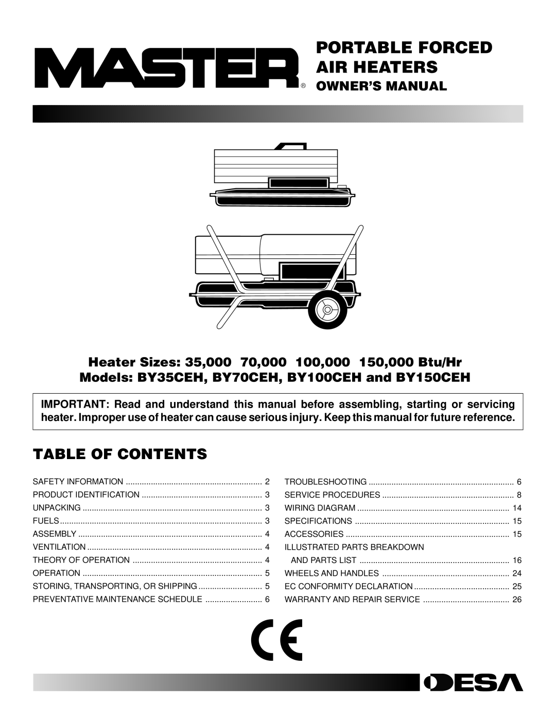 Desa BY100CEH, BY70CEH, BY150CEH, BY35CEH owner manual Portable Forced AIR Heaters, Table of Contents 