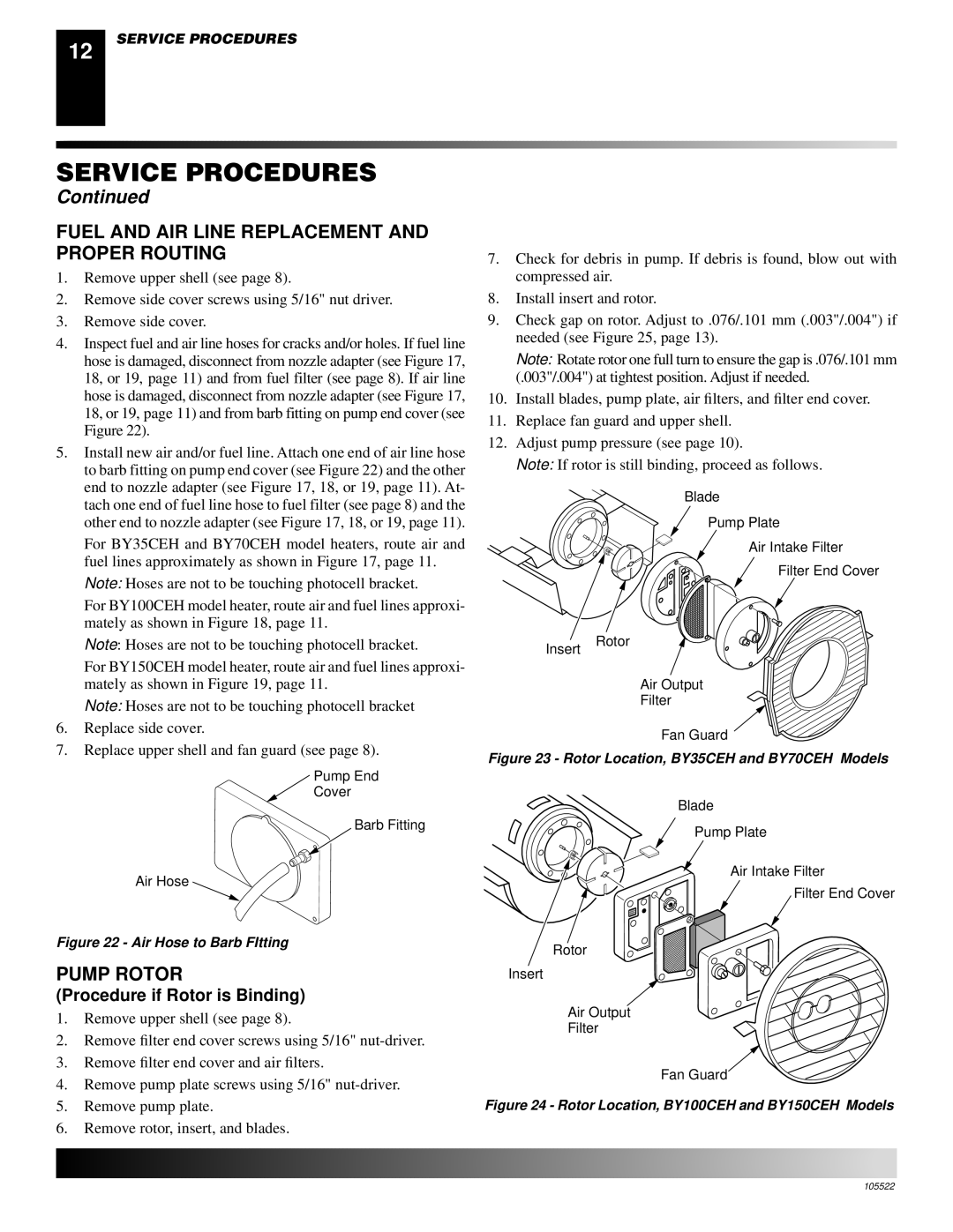 Desa BY70CEH, BY100CEH, BY35CEH Fuel and AIR Line Replacement and Proper Routing, Pump Rotor, Procedure if Rotor is Binding 