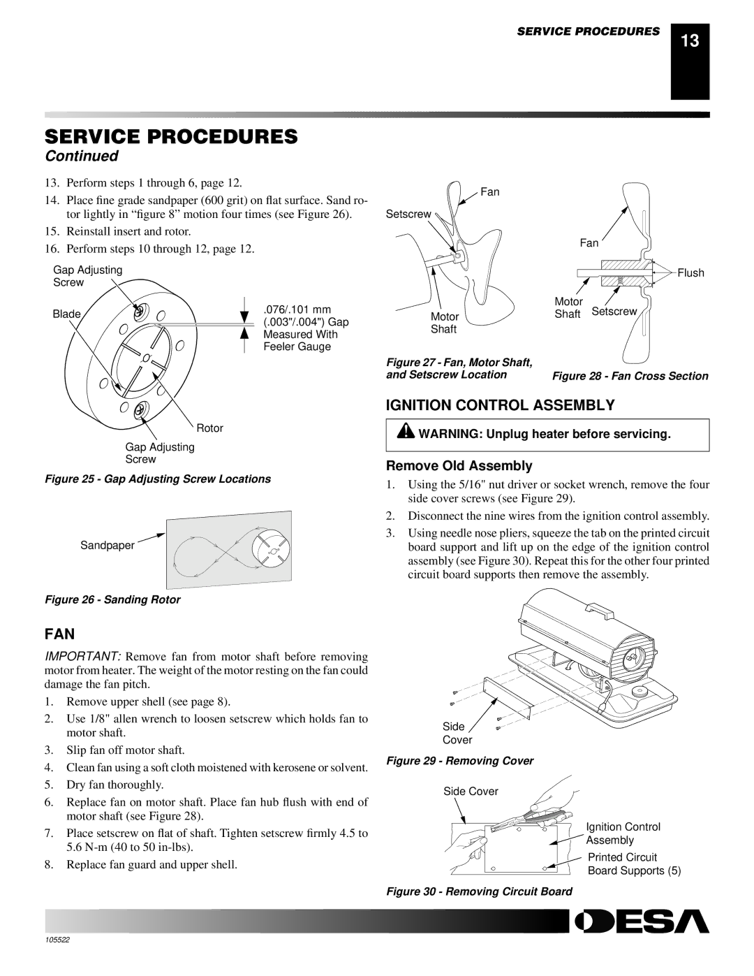 Desa BY100CEH, BY70CEH, BY150CEH, BY35CEH owner manual Ignition Control Assembly, Fan, Remove Old Assembly 