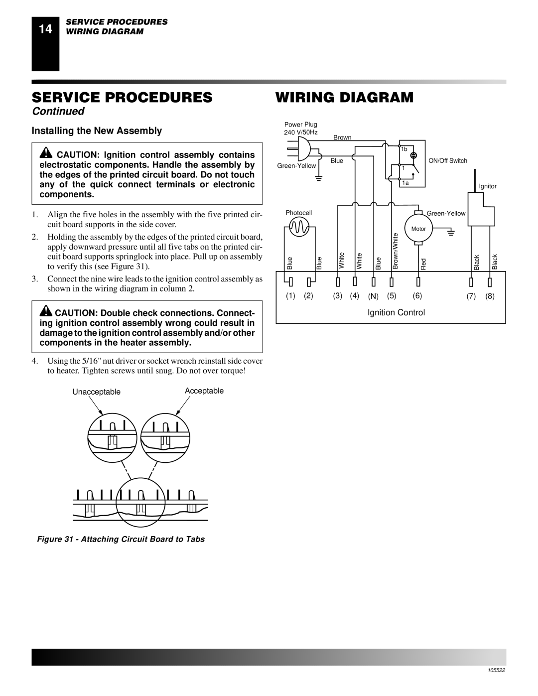 Desa BY150CEH, BY70CEH, BY100CEH, BY35CEH owner manual Service Procedures Wiring Diagram, Installing the New Assembly 