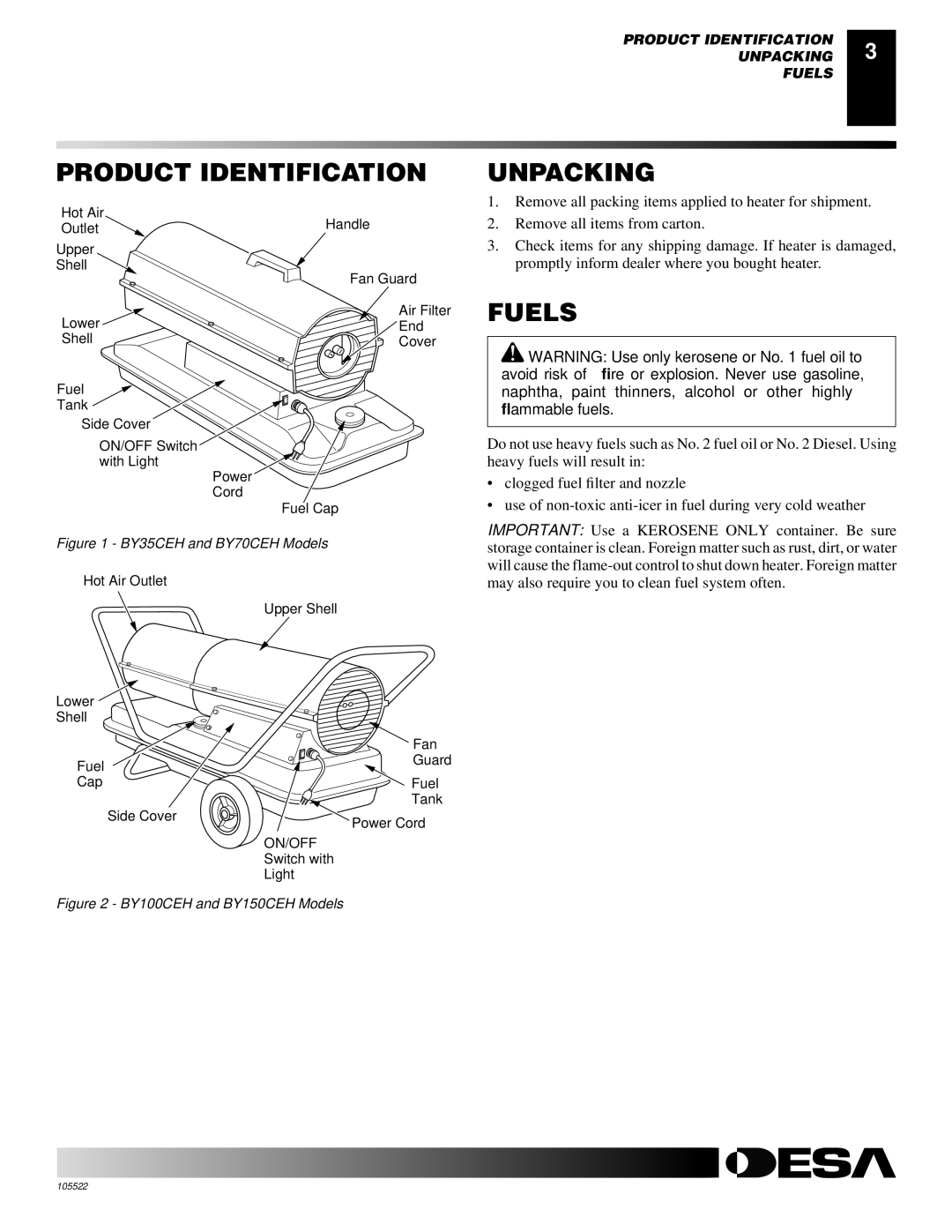 Desa BY35CEH, BY70CEH, BY100CEH, BY150CEH owner manual Product Identification, Unpacking, Fuels 