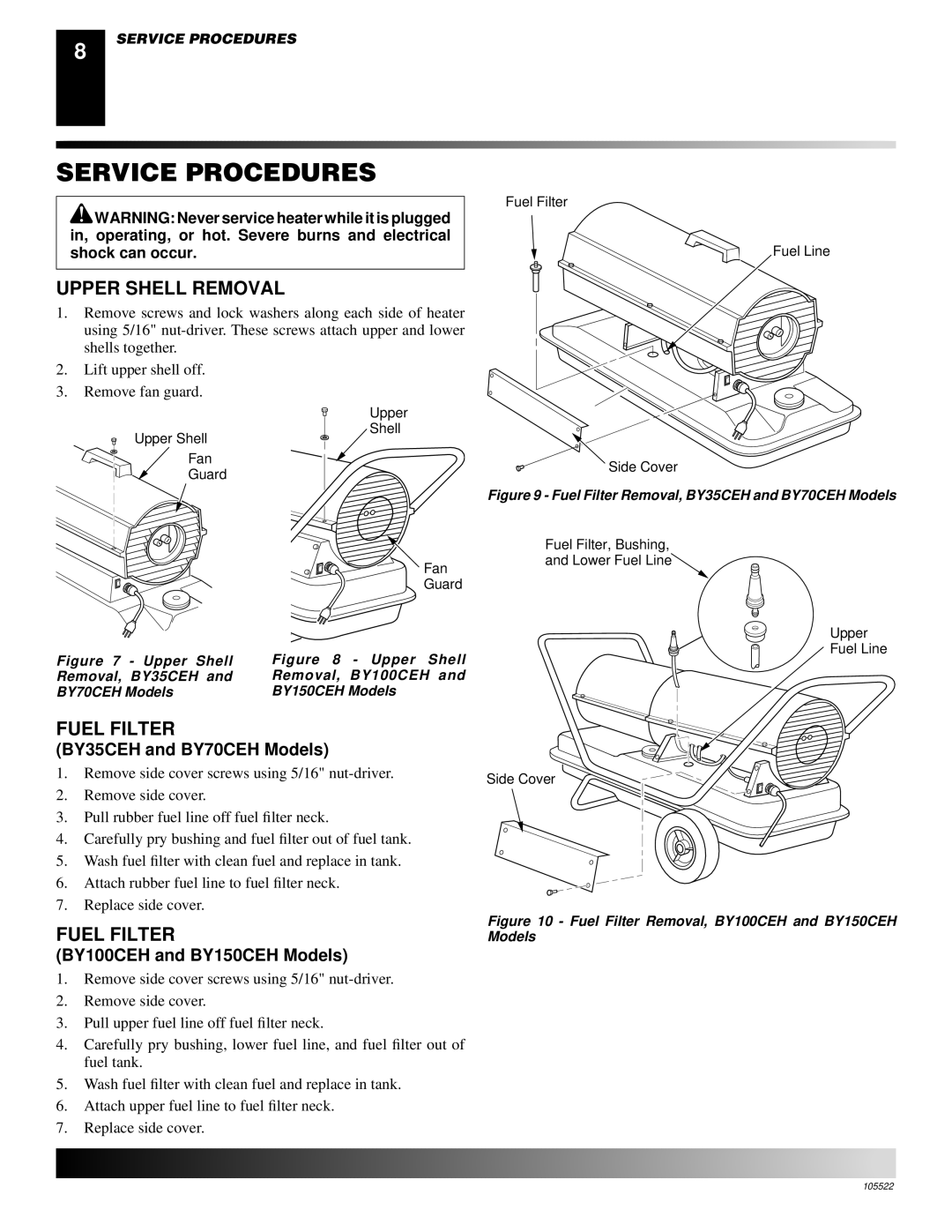 Desa Service Procedures, Upper Shell Removal, Fuel Filter, BY35CEH and BY70CEH Models, BY100CEH and BY150CEH Models 