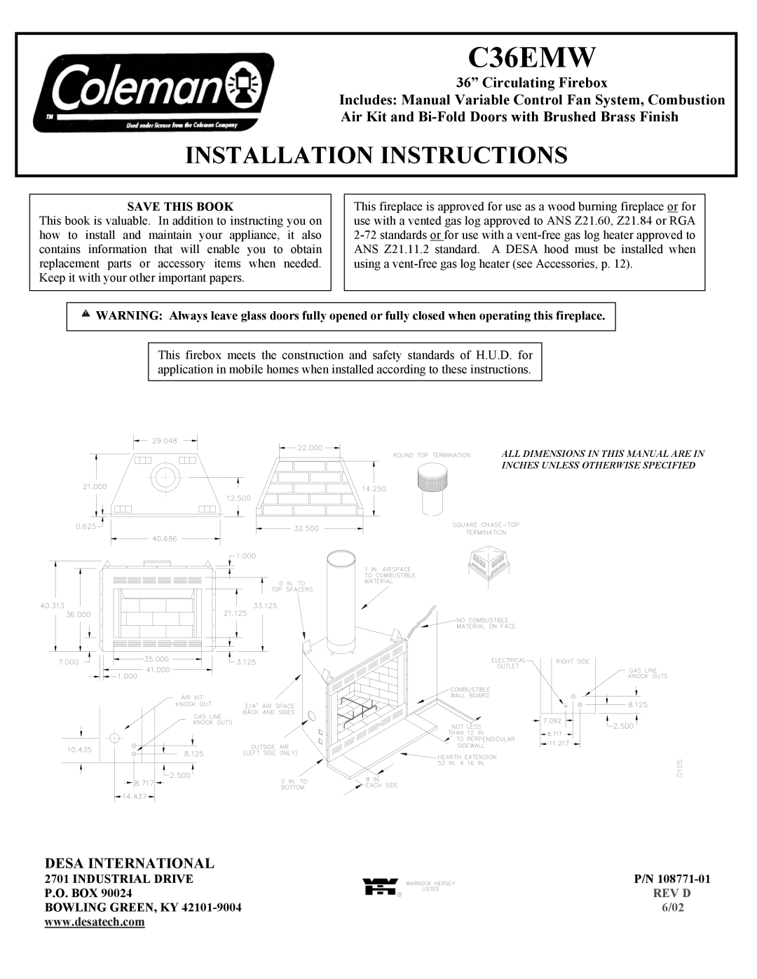 Desa C36EMW installation instructions Save this Book, Industrial Drive P.O. BOX 