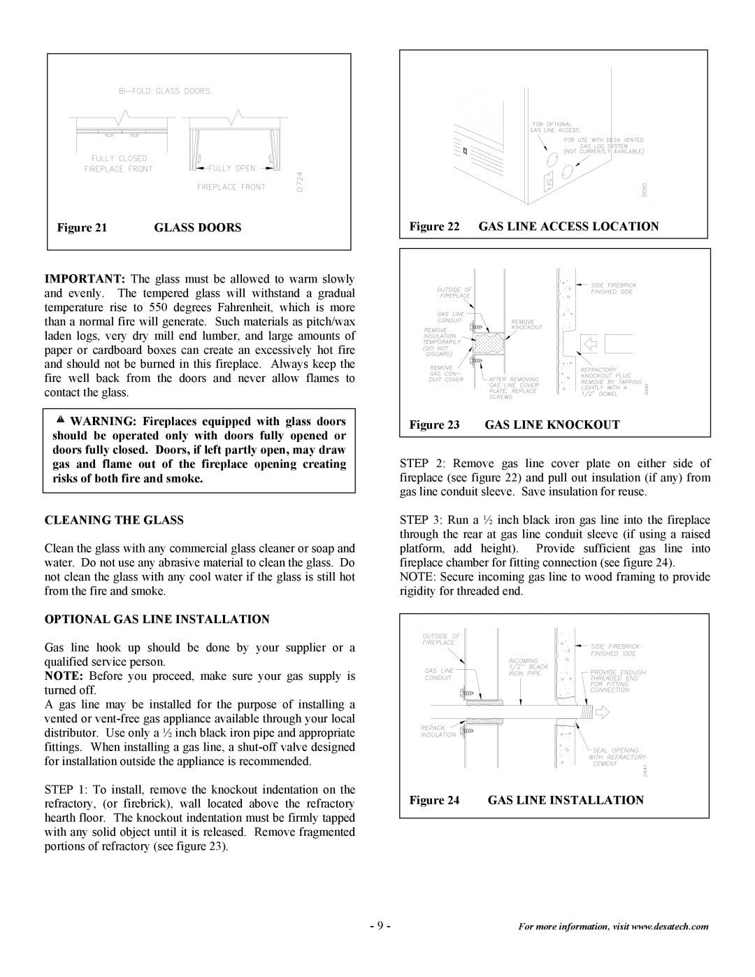 Desa C36EMW installation instructions Cleaning the Glass, Optional GAS Line Installation 