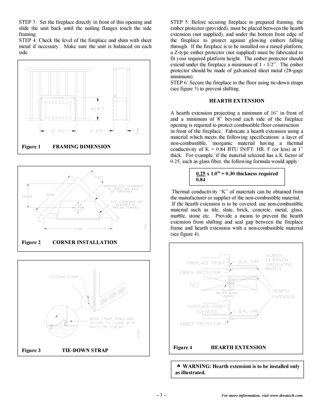 Desa C36EMW installation instructions Framing Dimension, Corner Installation, TIE-DOWN Strap, Hearth Extension 