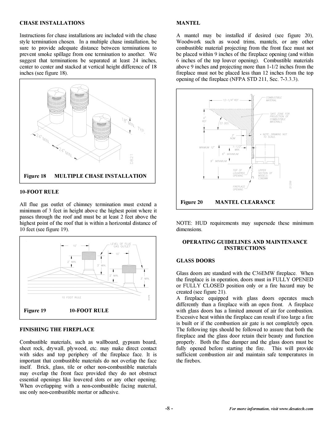 Desa C36EMW installation instructions Chase Installations, Foot Rule, Finishing the Fireplace, Mantel Clearance 