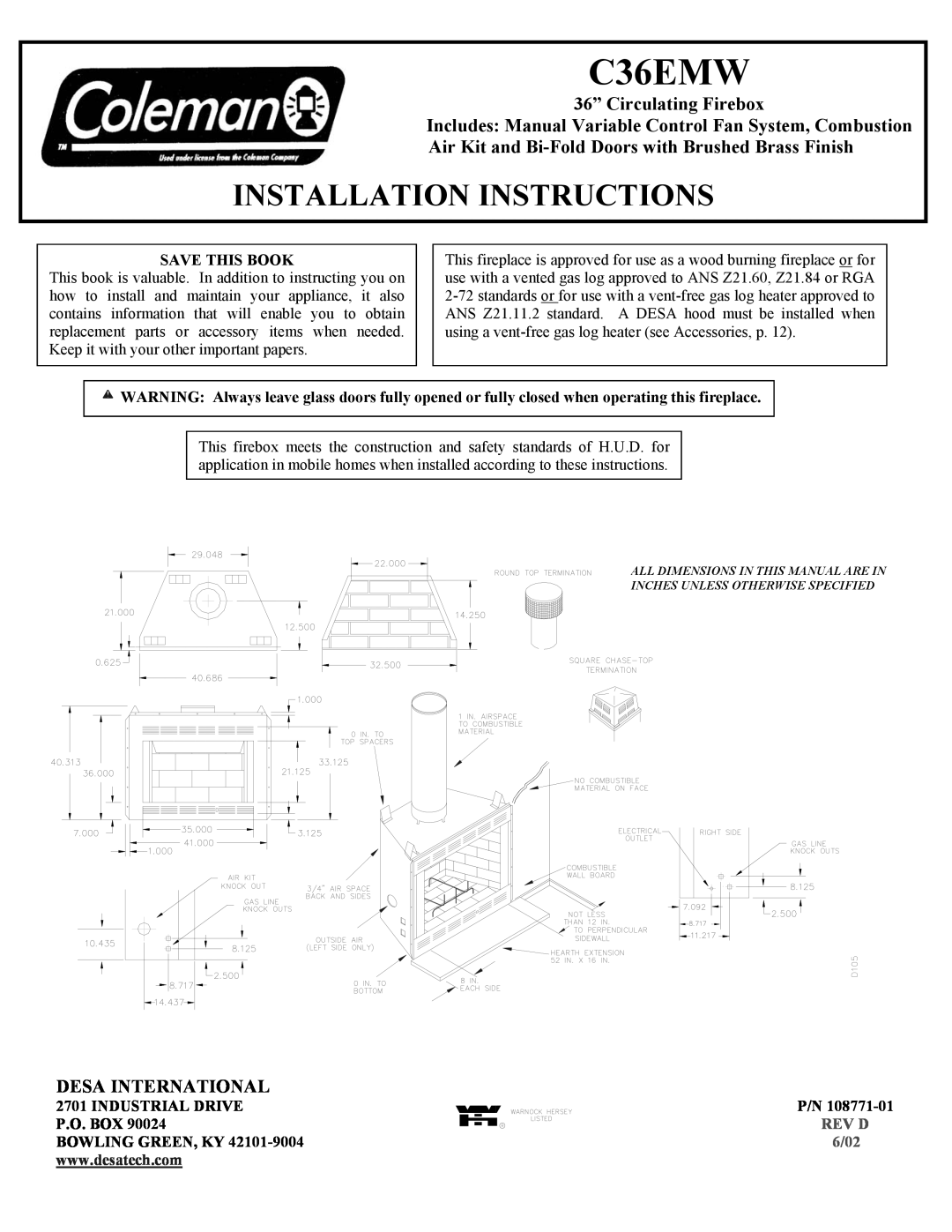 Desa C36EMW installation instructions 36” Circulating Firebox, Desa International, Installation Instructions, REV D 6/02 