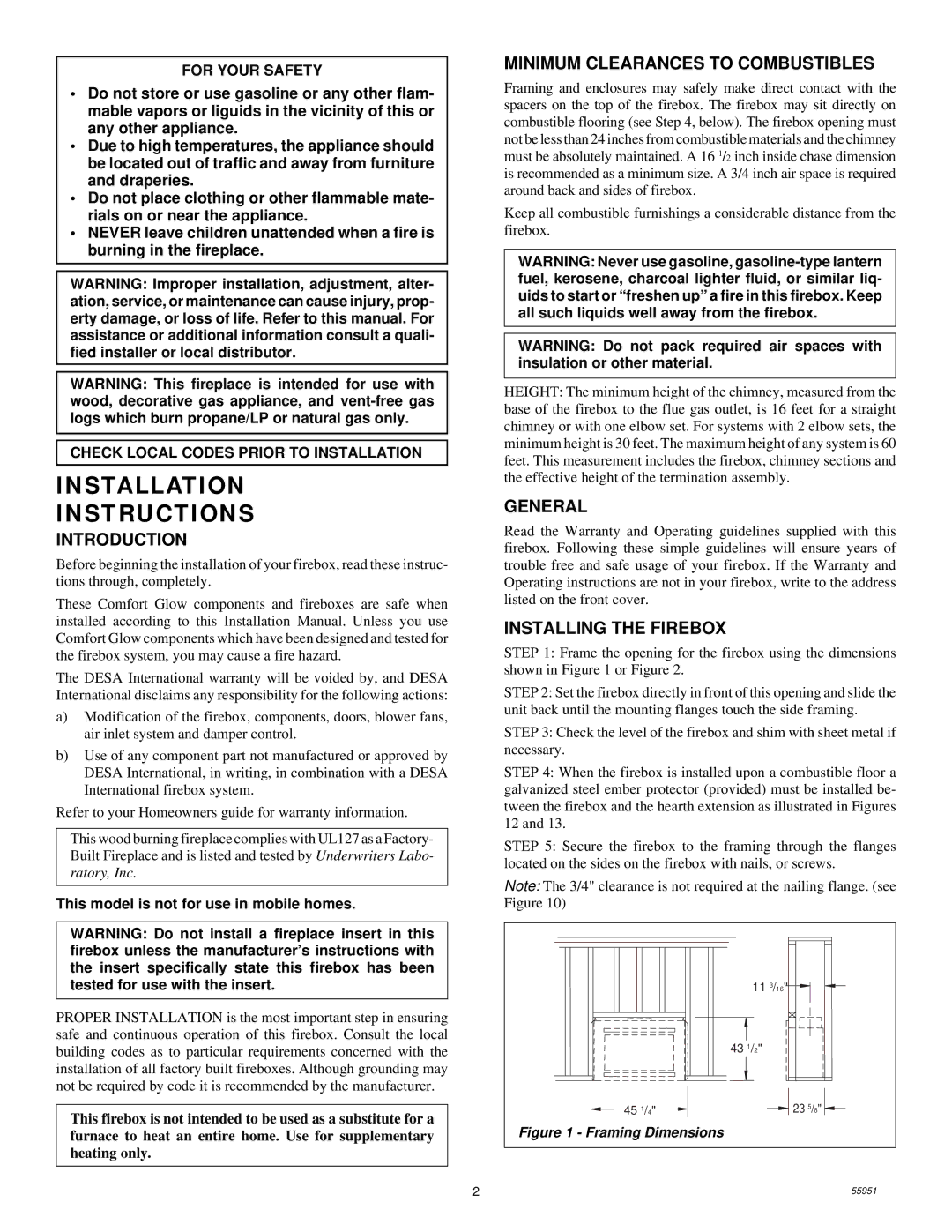 Desa C42EC2 installation instructions Introduction, Minimum Clearances to Combustibles, General, Installing the Firebox 