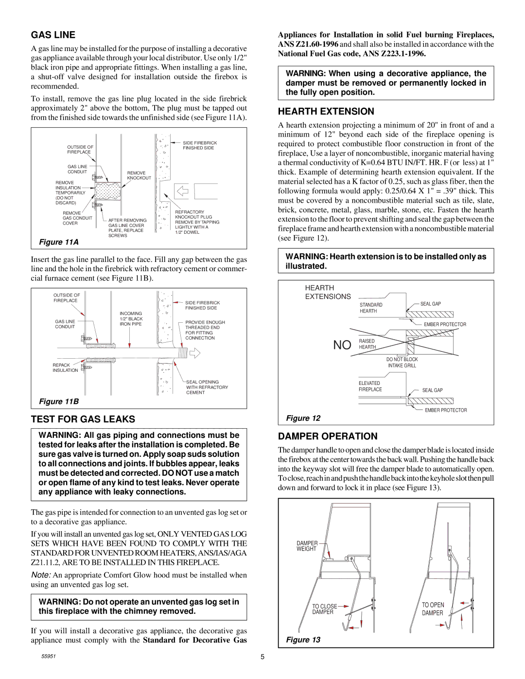 Desa C42EC2 installation instructions GAS Line, Test for GAS Leaks, Damper Operation, Hearth Extensions 