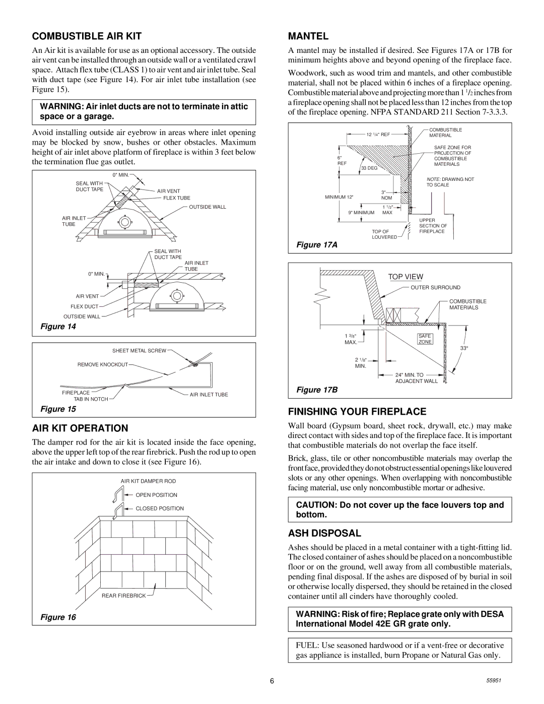 Desa C42EC2 Combustible AIR KIT, Mantel, AIR KIT Operation, Finishing Your Fireplace, ASH Disposal 