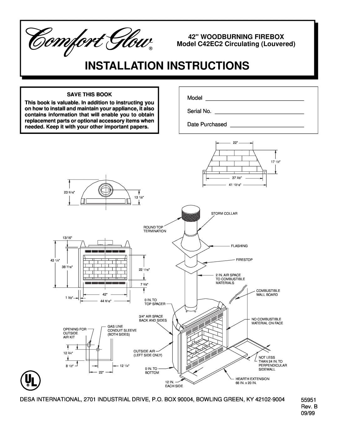 Desa installation instructions Installation Instructions, Woodburning Firebox, Model C42EC2 Circulating Louvered, 55951 