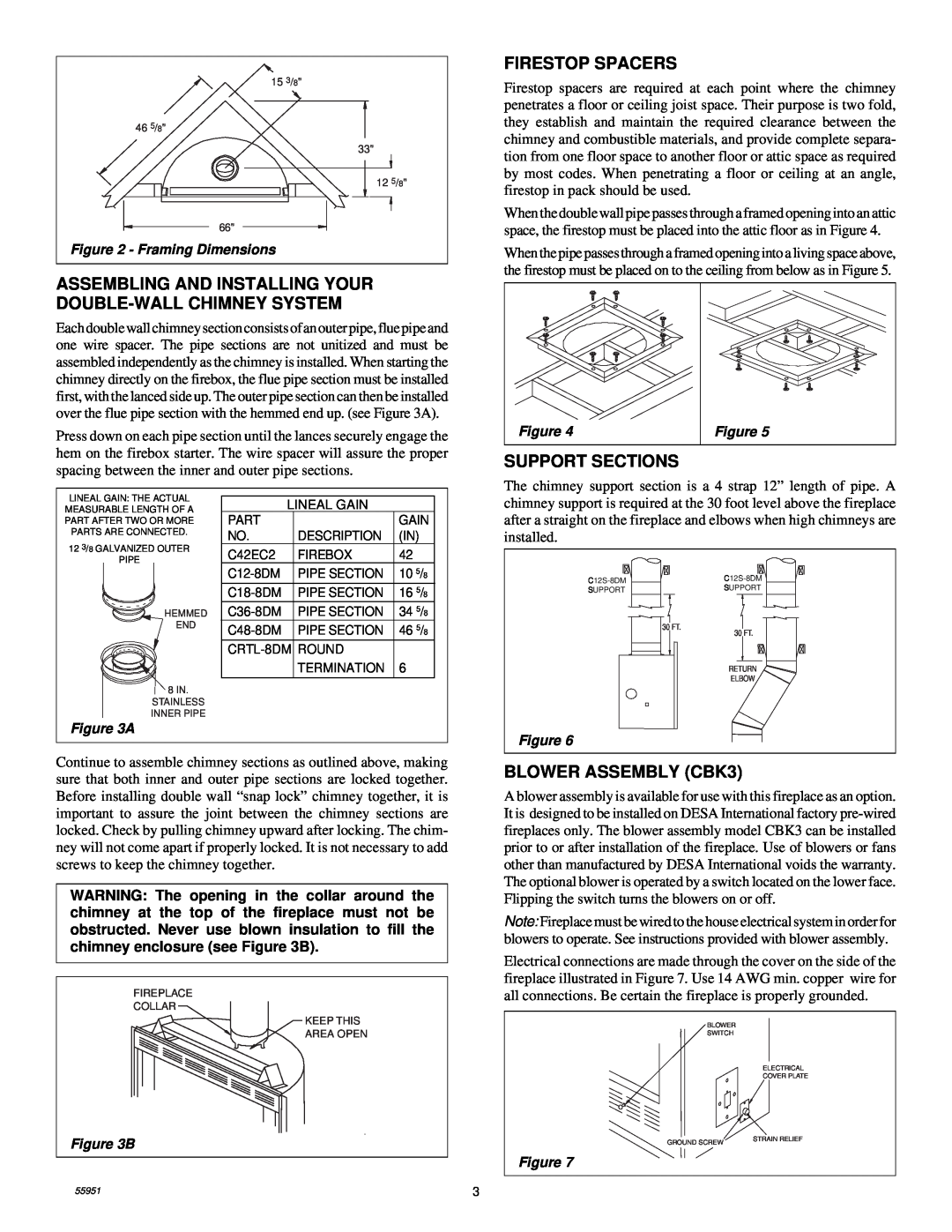 Desa C42EC2 installation instructions Firestop Spacers, Support Sections, BLOWER ASSEMBLY CBK3, Framing Dimensions 