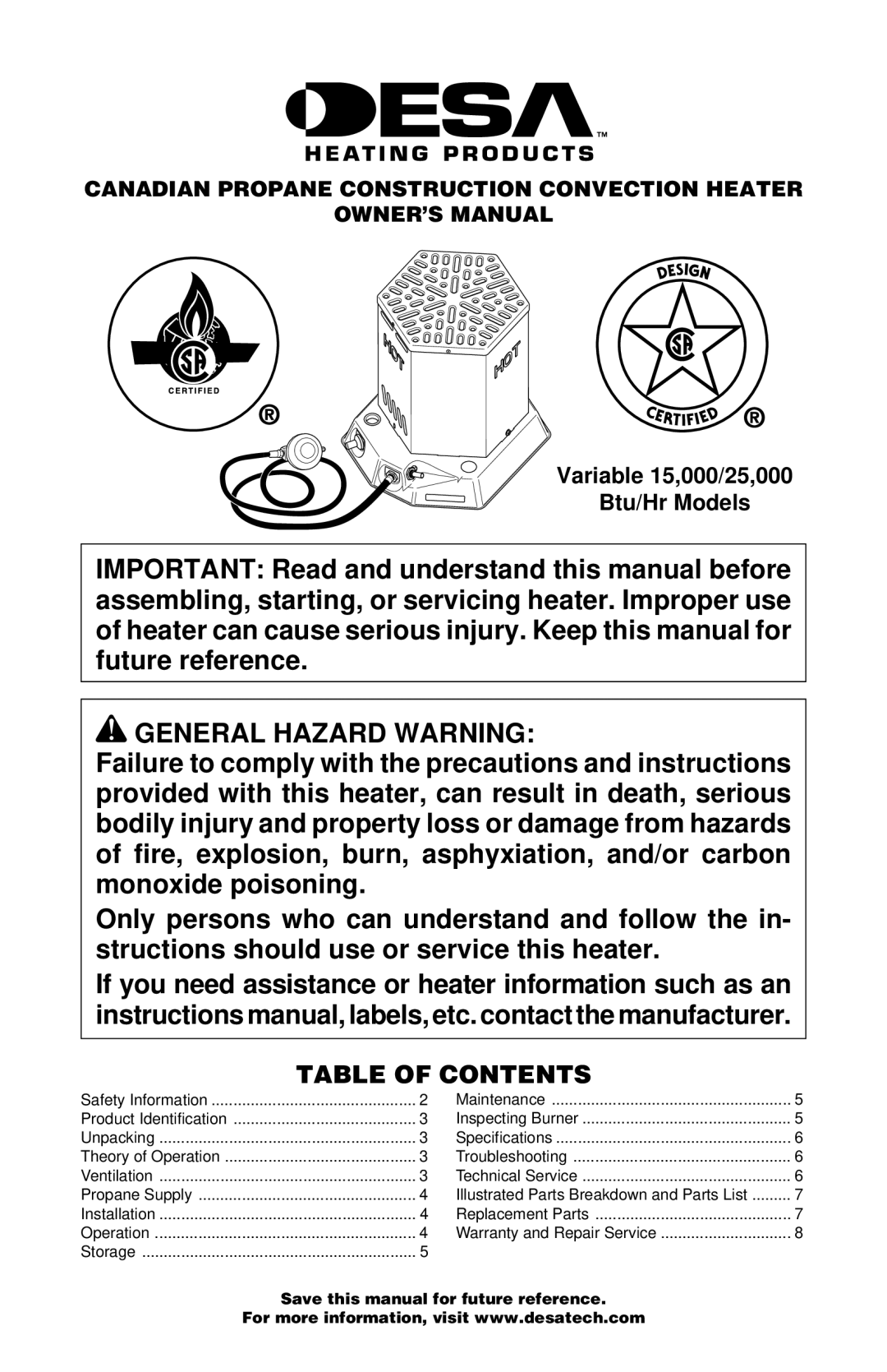 Desa CANADIAN PROPANE CONSTRUCTION CONVECTION HEATER owner manual General Hazard Warning, Table of Contents 