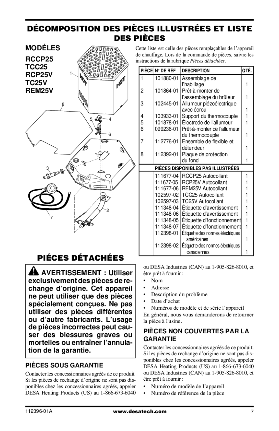 Desa CANADIAN PROPANE CONSTRUCTION CONVECTION HEATER Décomposition DES Pièces Illustrées ET Liste, Piéces Détachées 