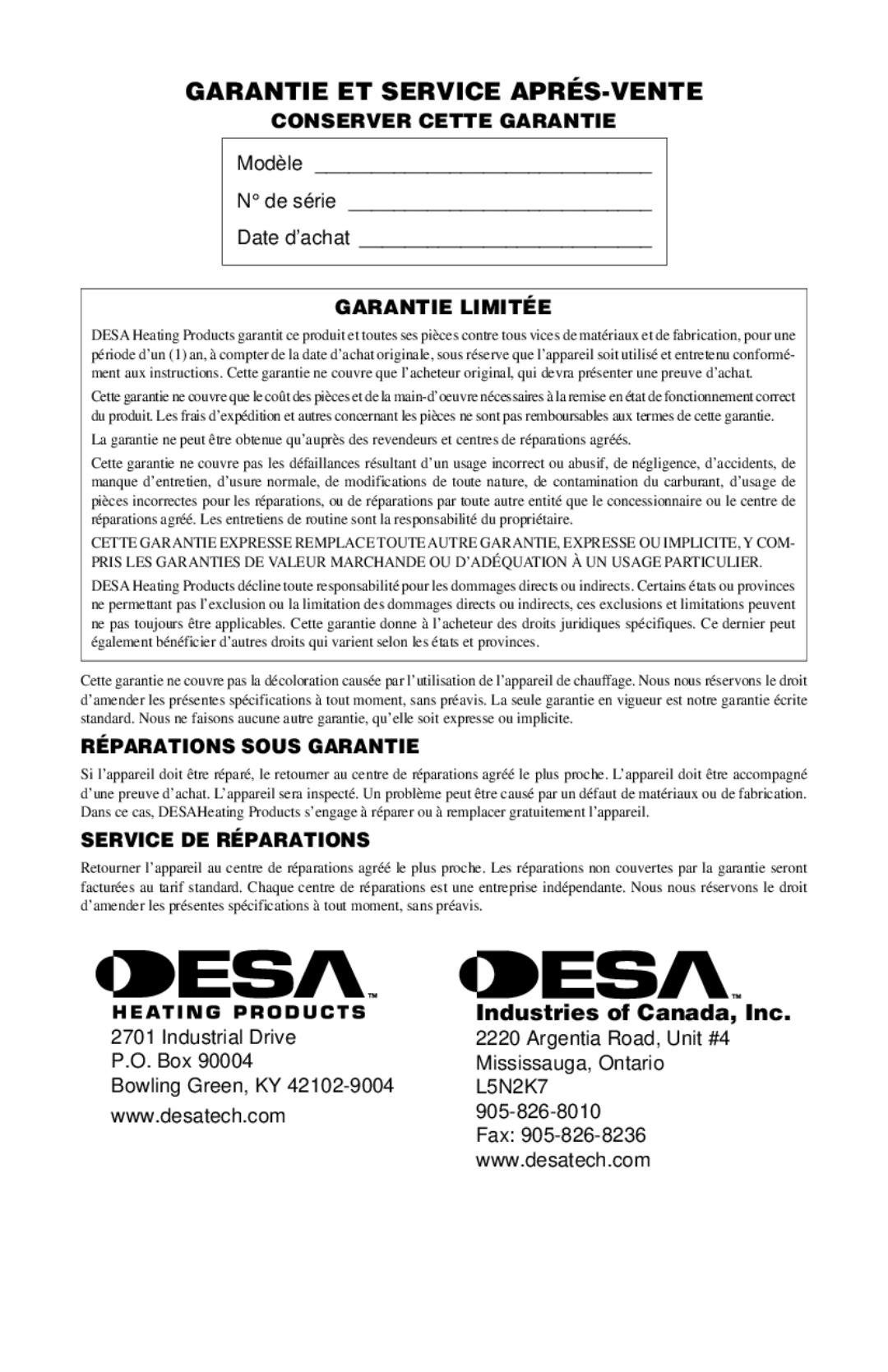 Desa CANADIAN PROPANE CONSTRUCTION CONVECTION HEATER owner manual Garantie ET Service APRÉS-VENTE, Conserver Cette Garantie 