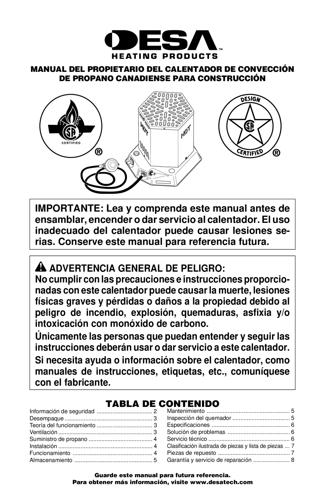 Desa CANADIAN PROPANE CONSTRUCTION CONVECTION HEATER owner manual Advertencia General DE Peligro, Tabla DE Contenido 