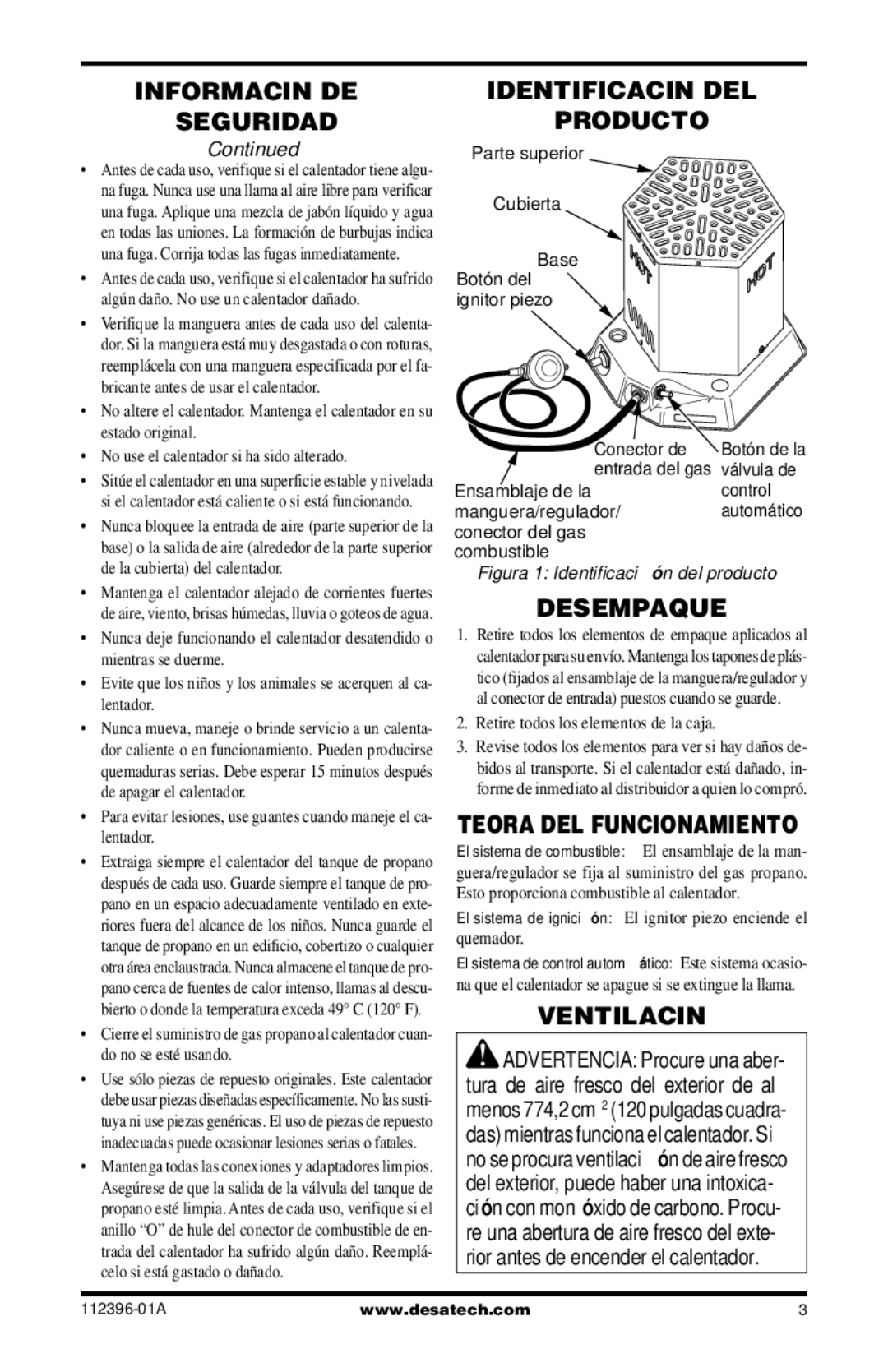 Desa CANADIAN PROPANE CONSTRUCTION CONVECTION HEATER Identificación DEL Producto, Desempaque, Teoría DEL Funcionamiento 