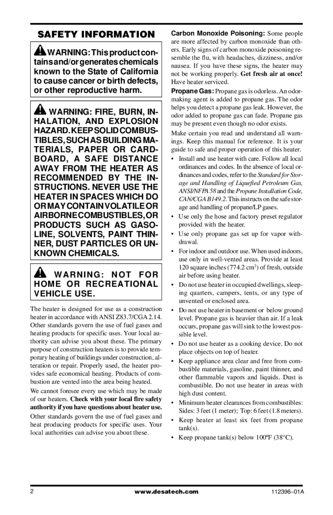 Desa CANADIAN PROPANE CONSTRUCTION CONVECTION HEATER Safety Information, Authority if you have questions about heater use 