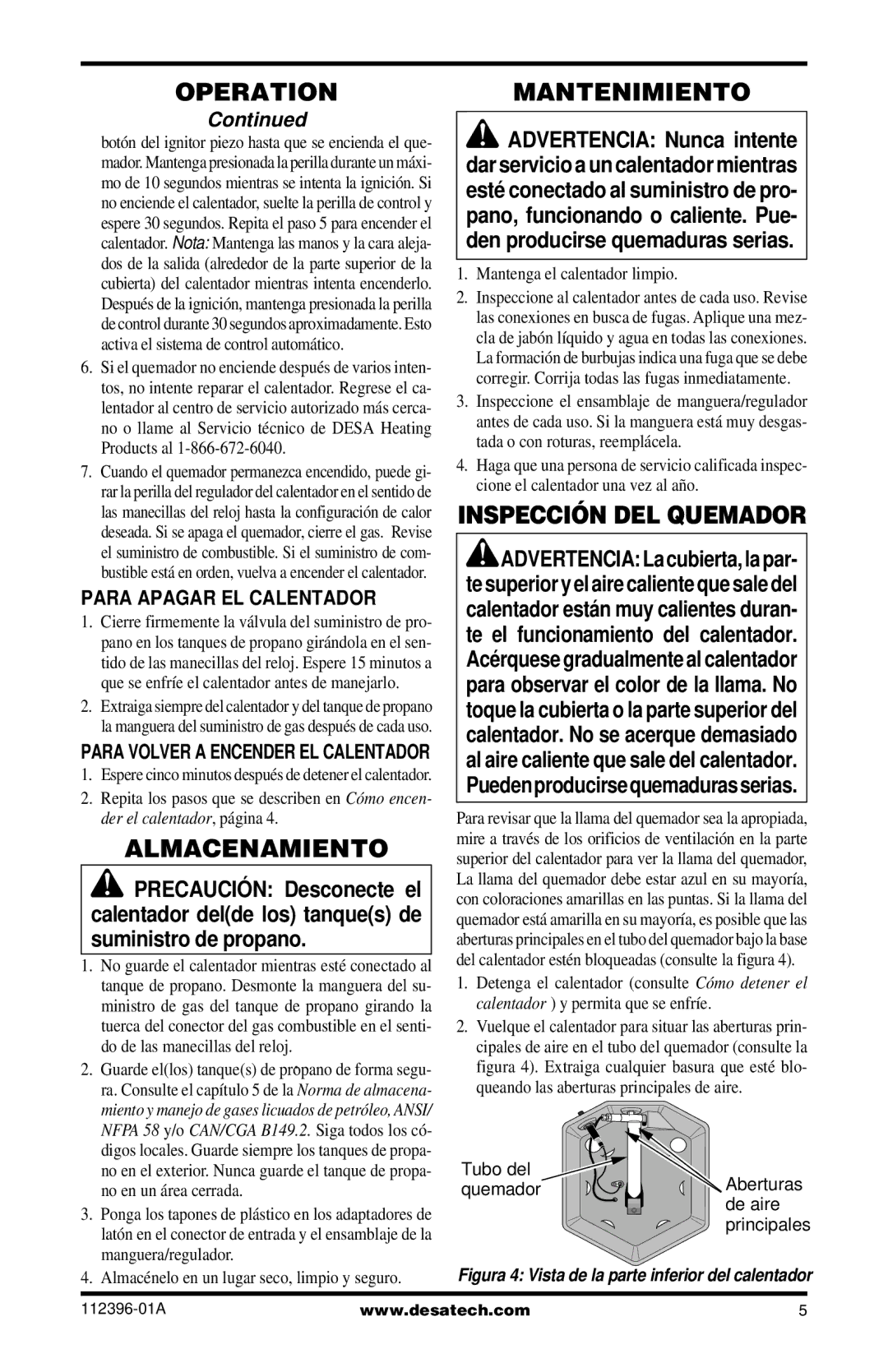 Desa CANADIAN PROPANE CONSTRUCTION CONVECTION HEATER owner manual Almacenamiento, Mantenimiento, Inspección DEL Quemador 