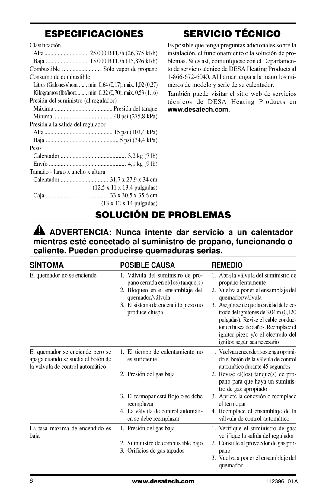 Desa CANADIAN PROPANE CONSTRUCTION CONVECTION HEATER owner manual Especificaciones, Servicio Técnico, Solución DE Problemas 