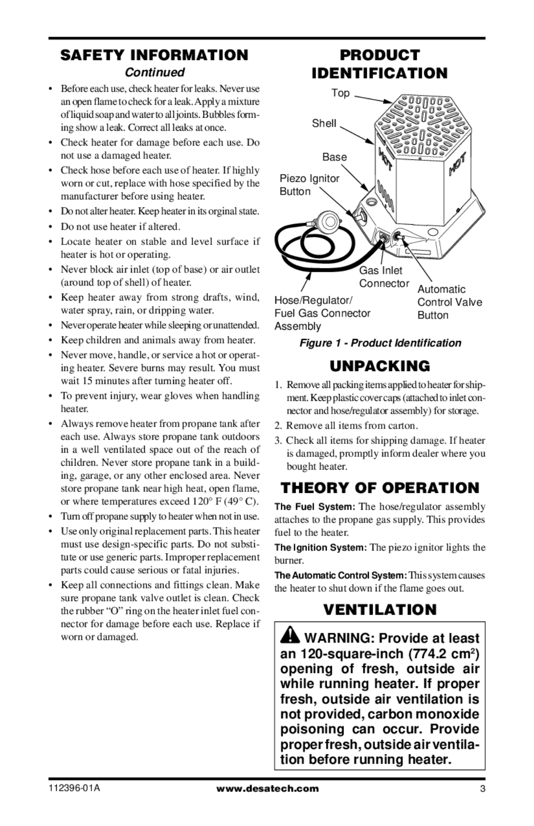 Desa CANADIAN PROPANE CONSTRUCTION CONVECTION HEATER Product Identification, Unpacking, Theory of Operation, Ventilation 