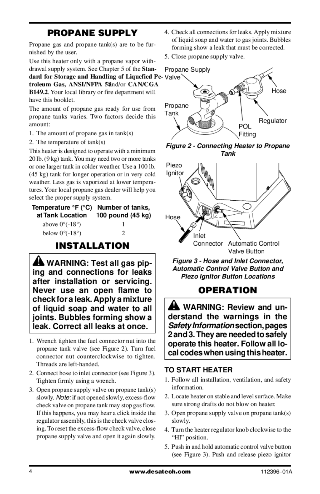 Desa CANADIAN PROPANE CONSTRUCTION CONVECTION HEATER owner manual Propane Supply, Installation, Operation, To Start Heater 