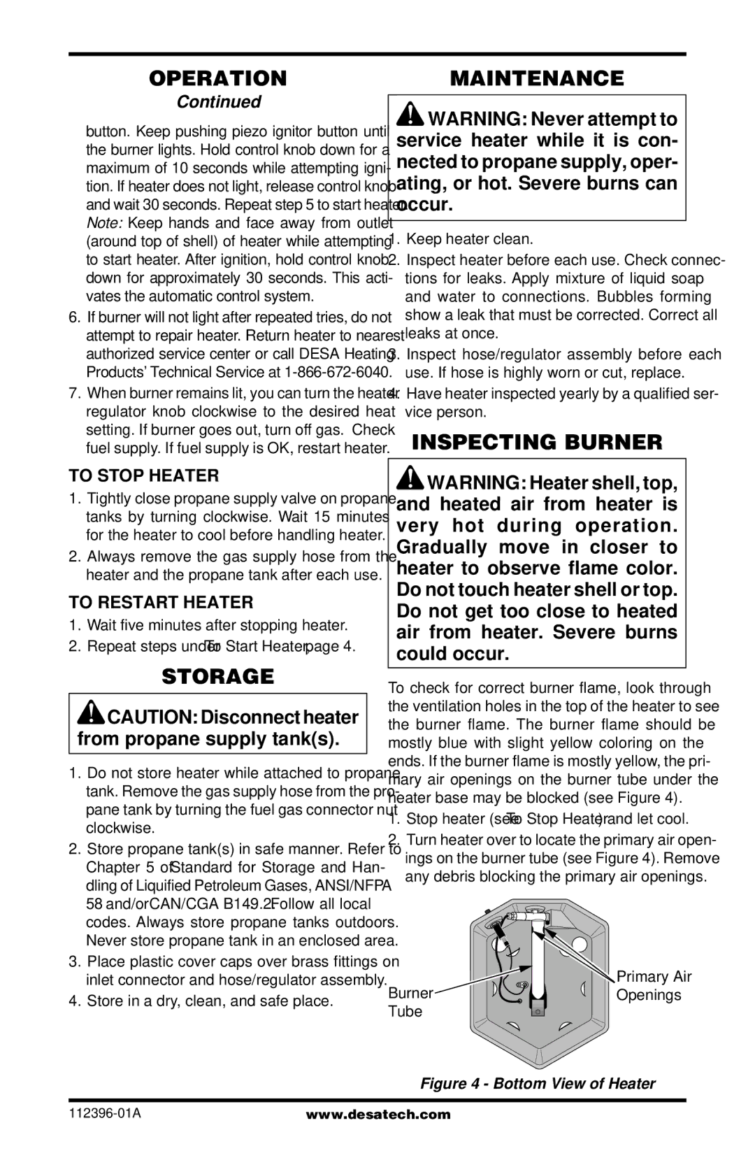 Desa CANADIAN PROPANE CONSTRUCTION CONVECTION HEATER owner manual Storage, Maintenance, Inspecting Burner, To Stop Heater 