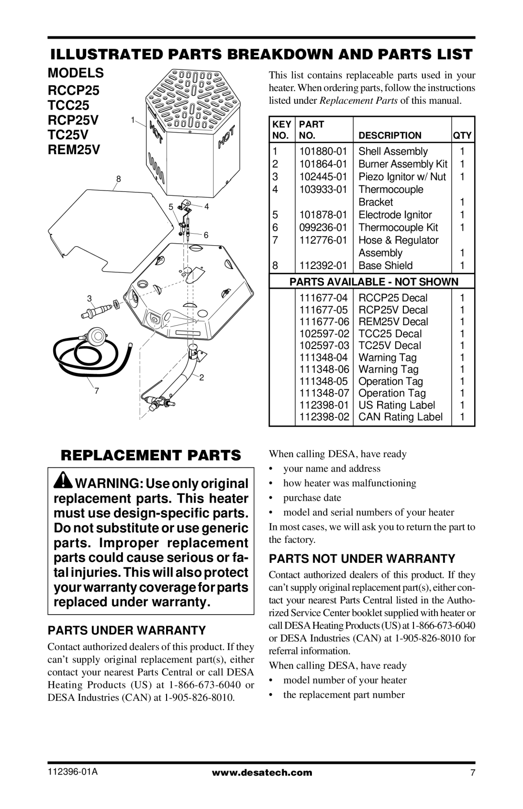 Desa CANADIAN PROPANE CONSTRUCTION CONVECTION HEATER Illustrated Parts Breakdown and Parts List, Replacement Parts 