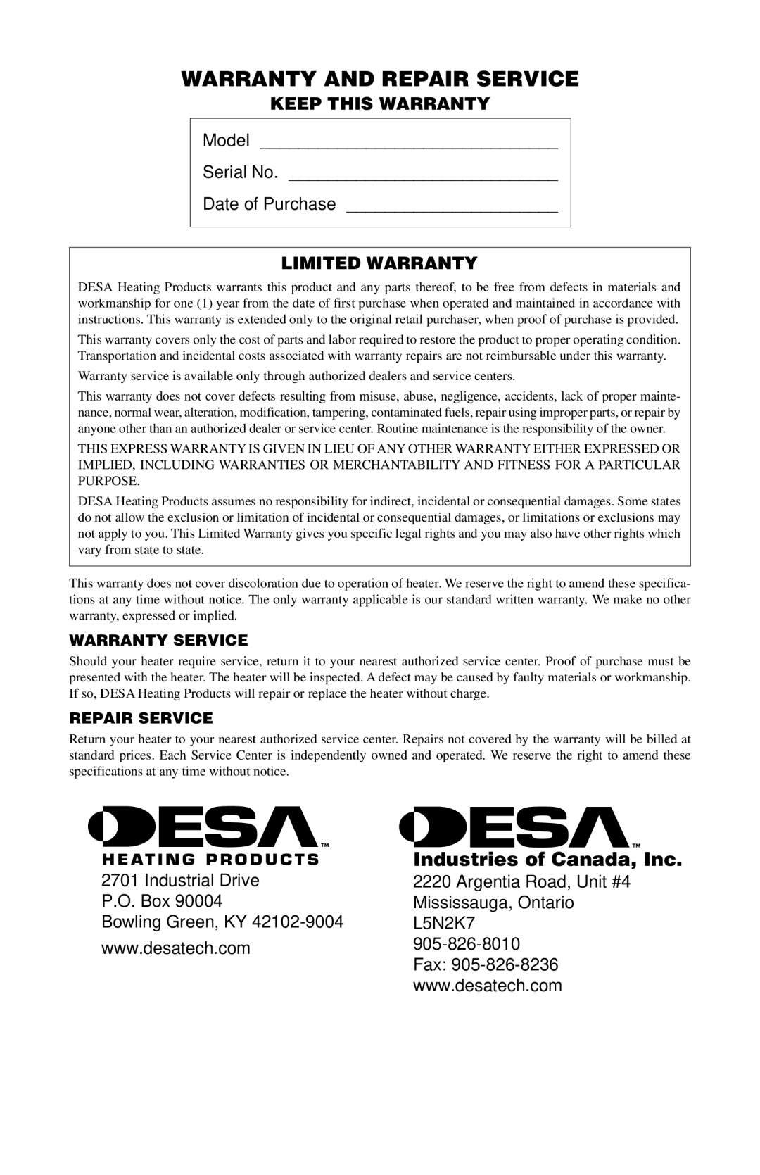 Desa CANADIAN PROPANE CONSTRUCTION CONVECTION HEATER Warranty and Repair Service, Keep this Warranty, Limited Warranty 