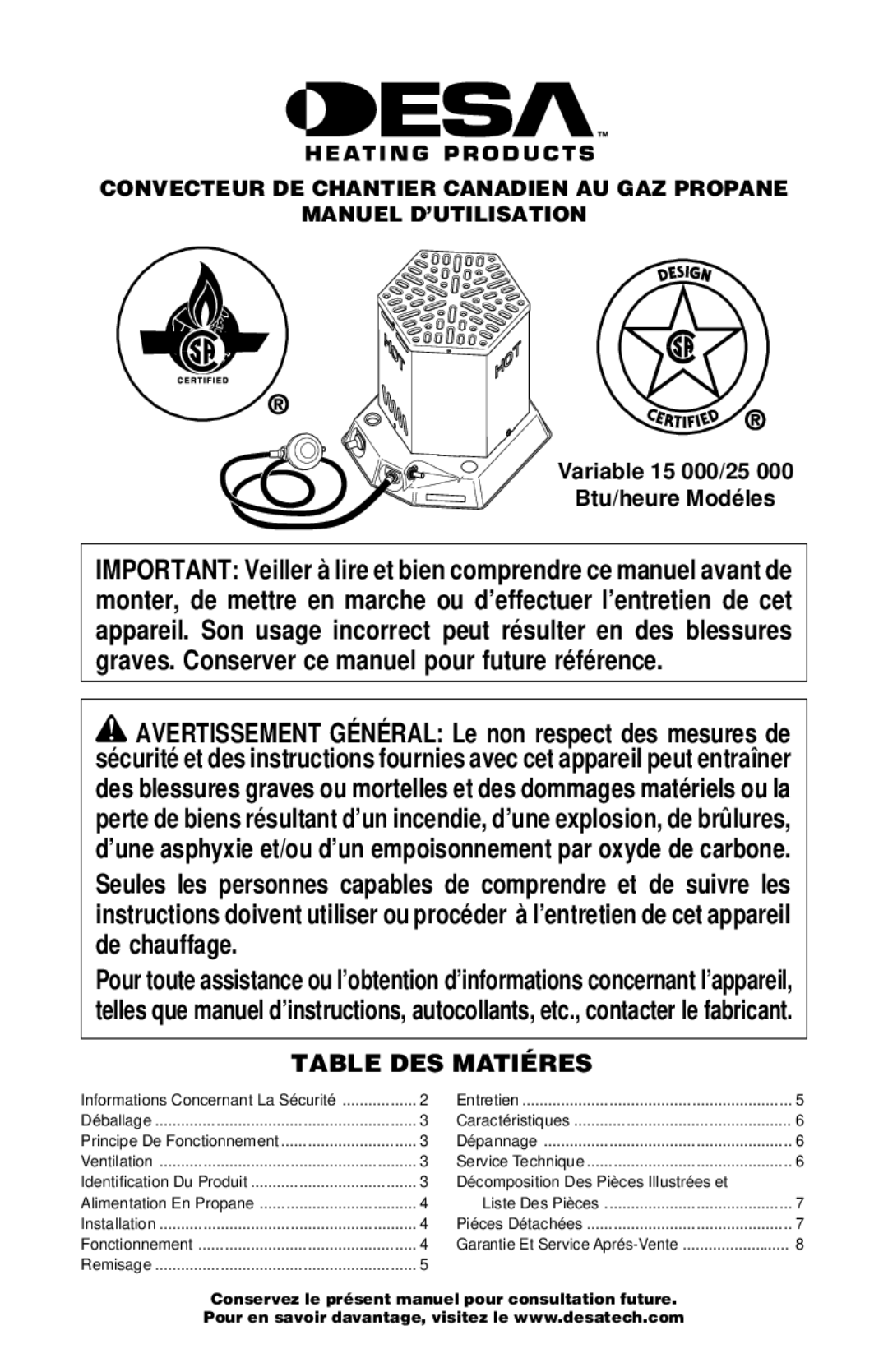 Desa CANADIAN PROPANE CONSTRUCTION CONVECTION HEATER Table DES Matiéres, Décomposition Des Pièces Illustrées et 