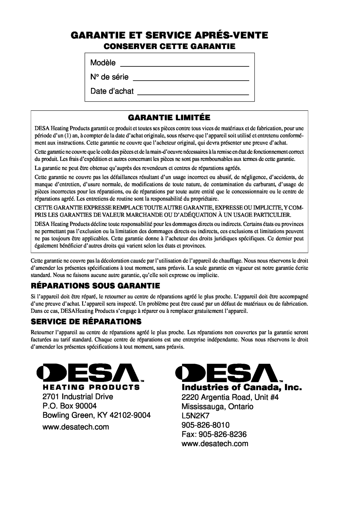 Desa CANADIAN PROPANE CONSTRUCTION CONVECTION HEATER Garantie Et Service Aprés-Vente, Industries of Canada, Inc 
