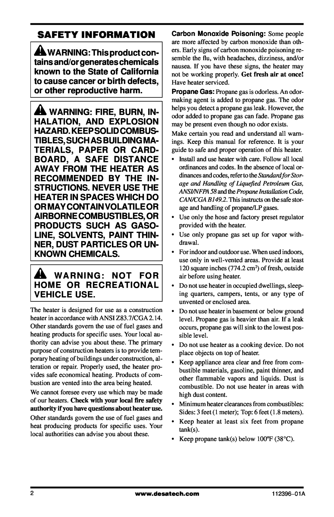 Desa CANADIAN PROPANE CONSTRUCTION CONVECTION HEATER owner manual Safety Information, Warning Fire, Burn, In 