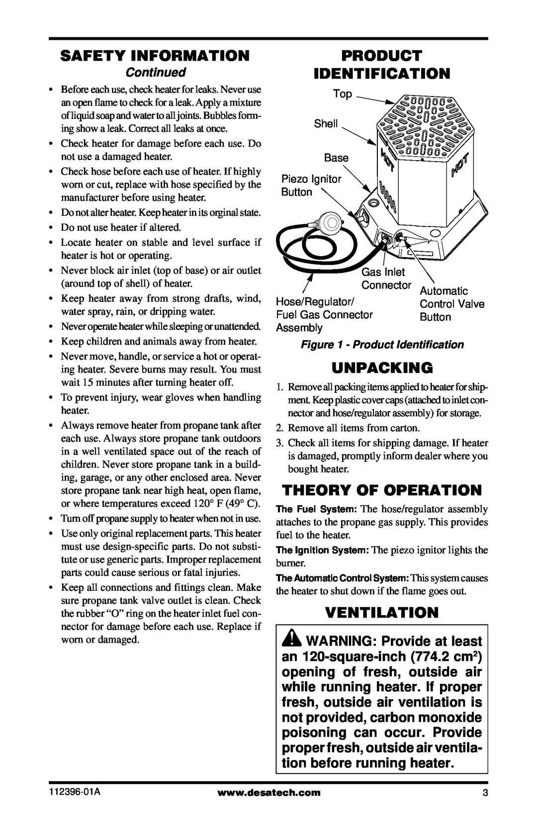 Desa CANADIAN PROPANE CONSTRUCTION CONVECTION HEATER Safety Information, Product Identification, Unpacking, Ventilation 