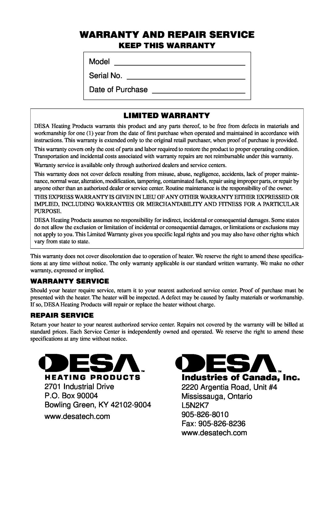 Desa CANADIAN PROPANE CONSTRUCTION CONVECTION HEATER owner manual Warranty And Repair Service, Industries of Canada, Inc 