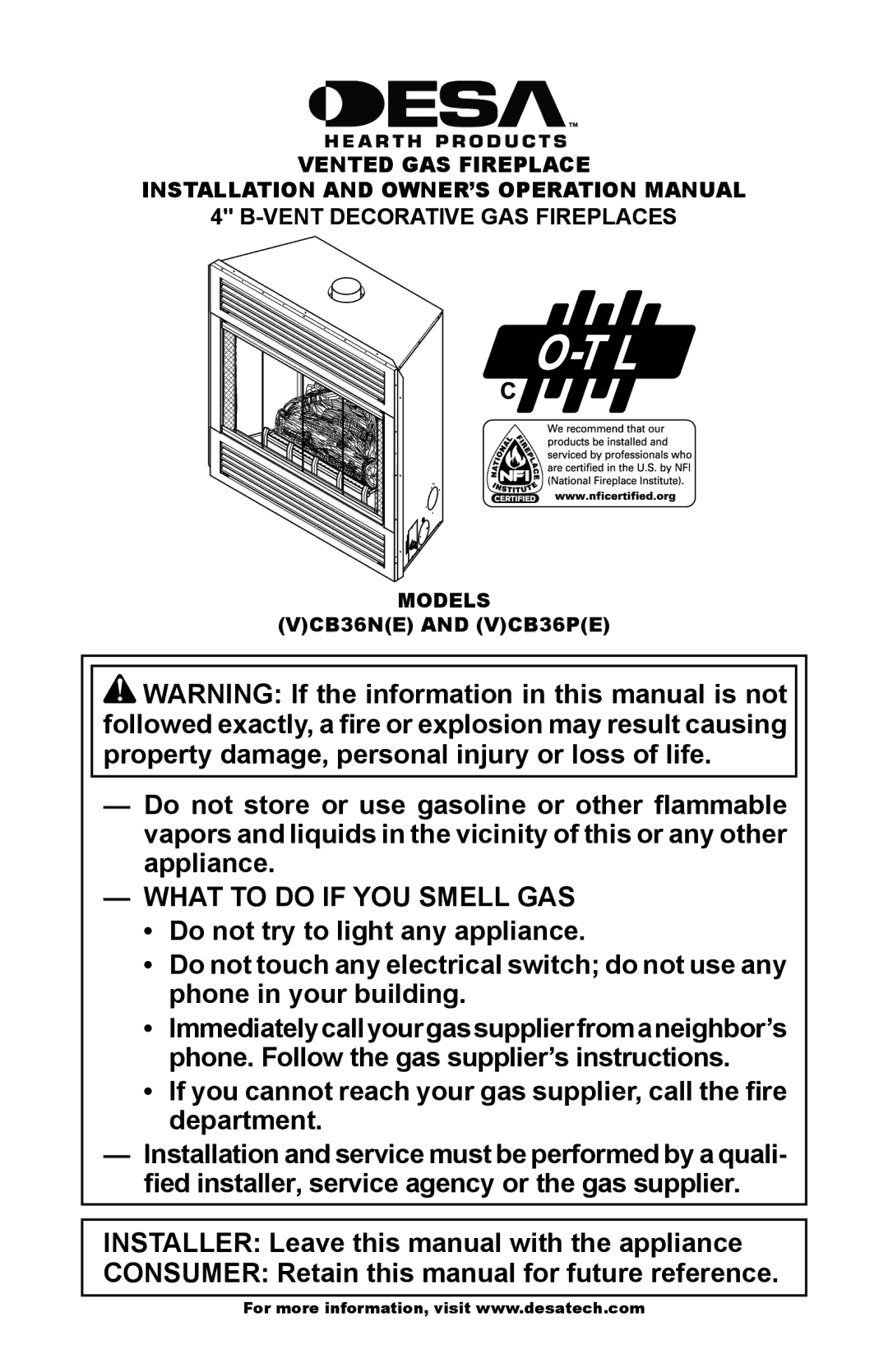 Desa operation manual Models, VCB36NE and VCB36PE 