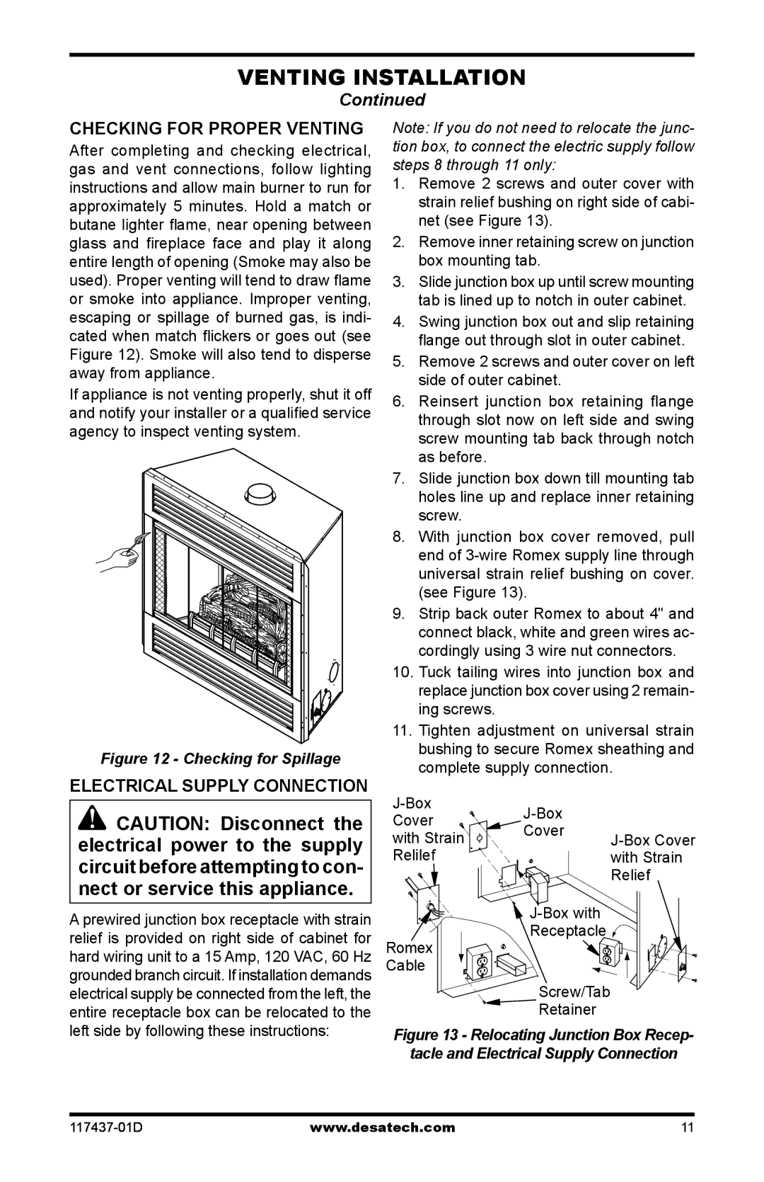 Desa CB36N, CB36P operation manual Checking for Proper Venting, Electrical Supply Connection, Relilef With Strain Relief 